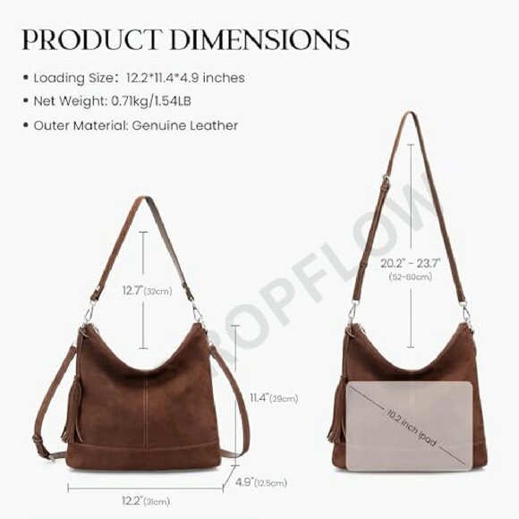 Genuine Leather Hobo Crossbody Bag Soft Slouchy Bucket Purse Two Straps - Picture 6 of 8